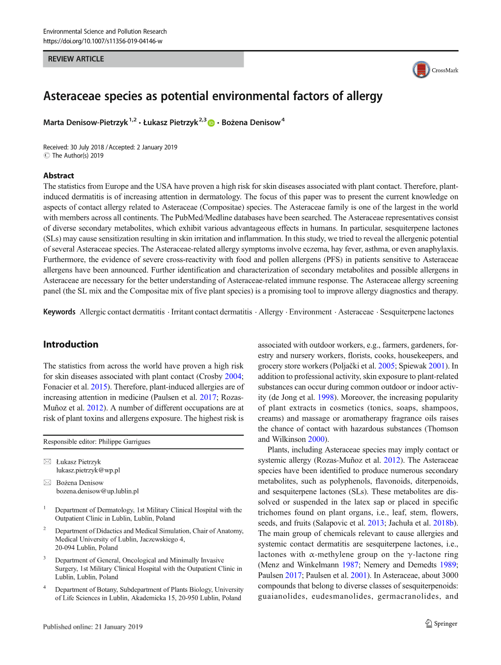 Asteraceae Species As Potential Environmental Factors of Allergy