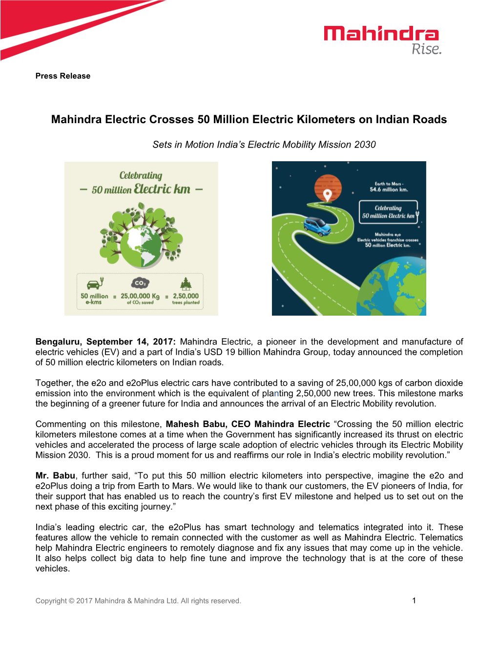 Mahindra Group, Today Announced the Completion of 50 Million Electric Kilometers on Indian Roads