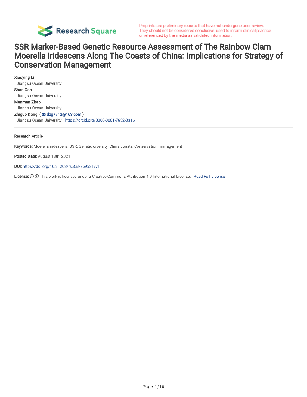 SSR Marker-Based Genetic Resource Assessment of the Rainbow Clam Moerella Iridescens Along the Coasts of China: Implications for Strategy of Conservation Management