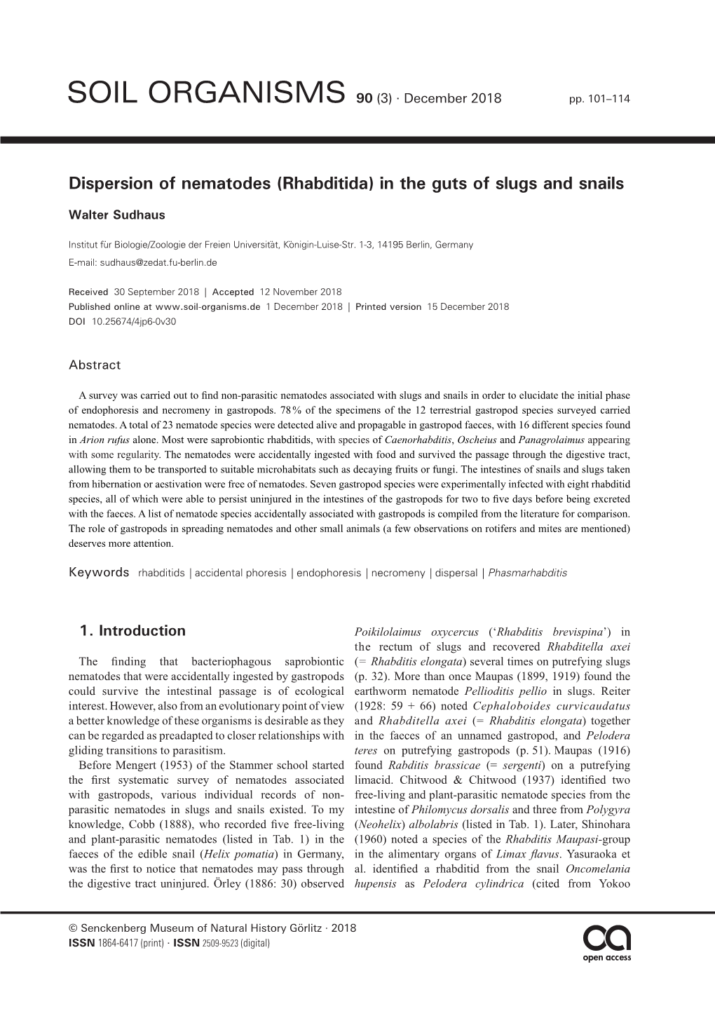 Dispersion of Nematodes (Rhabditida) in the Guts of Slugs and Snails