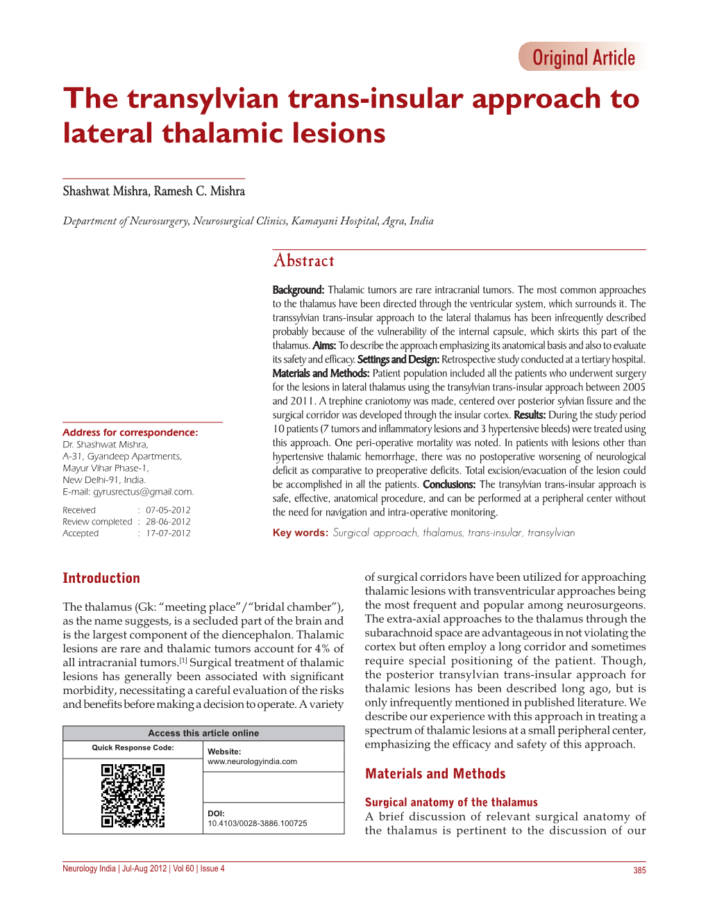 The Transylvian Trans-Insular Approach to Lateral Thalamic Lesions