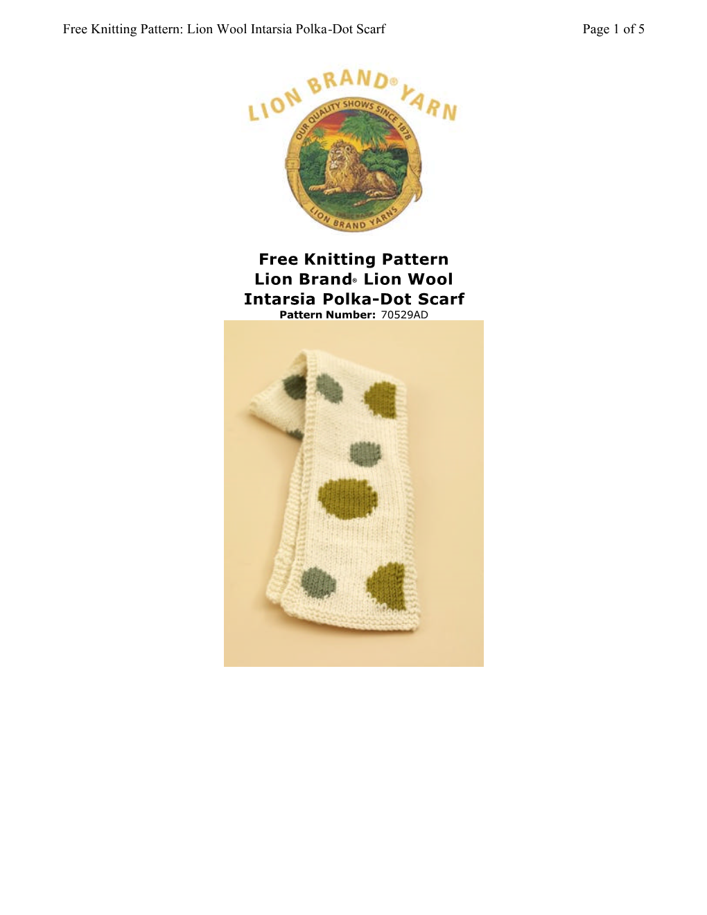Free Knitting Pattern Lion Brand® Lion Wool Intarsia Polka-Dot Scarf