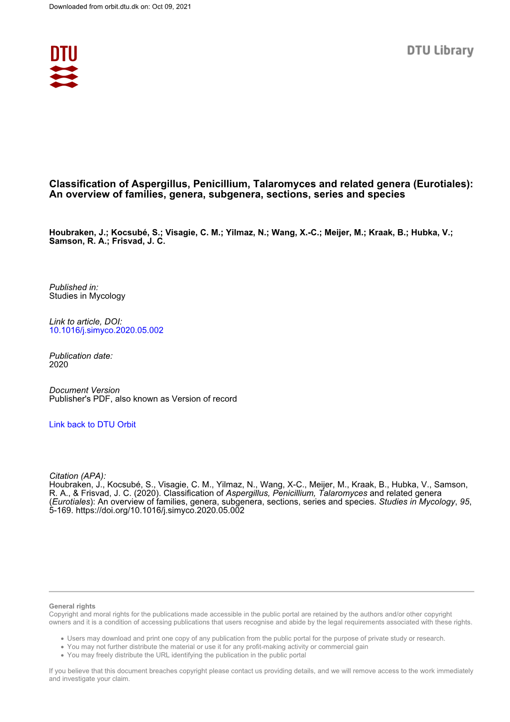 Classification of Aspergillus, Penicillium, Talaromyces and Related Genera (Eurotiales): an Overview of Families, Genera, Subgenera, Sections, Series and Species