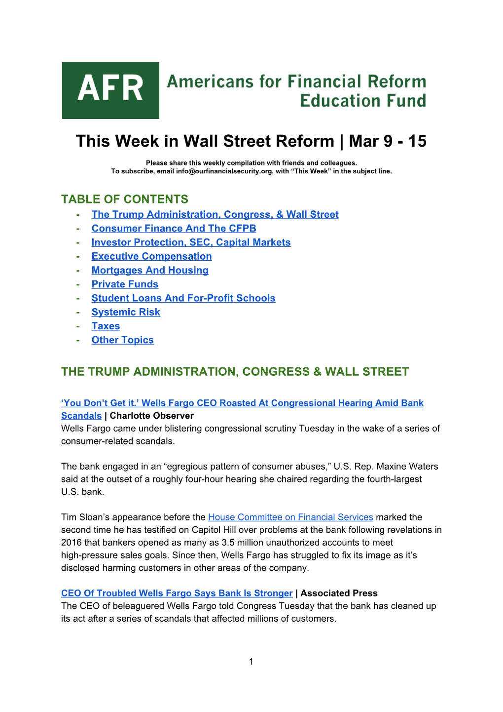 This​ Week​ ​In​ ​Wall​ ​Street​ ​Reform​ ​|​ Mar 9