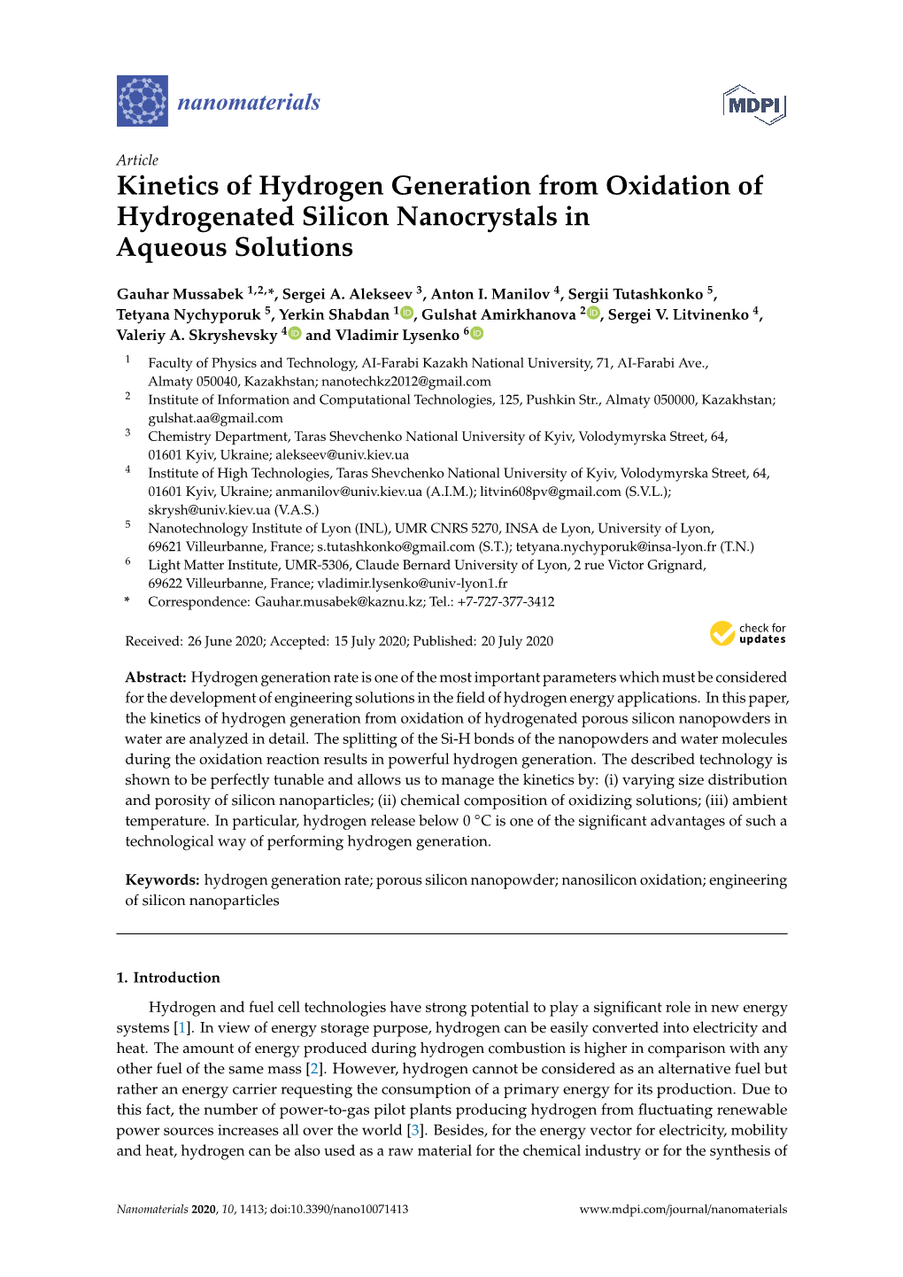 Kinetics of Hydrogen Generation from Oxidation of Hydrogenated Silicon Nanocrystals in Aqueous Solutions