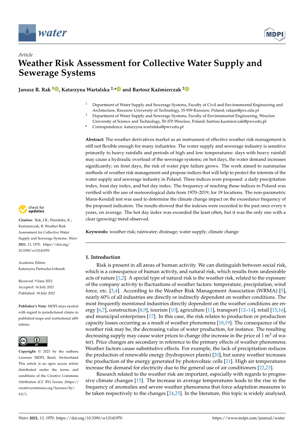 Weather Risk Assessment for Collective Water Supply and Sewerage Systems