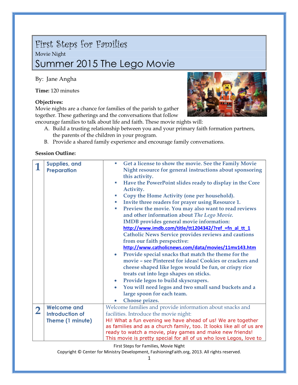 First Steps for Families Movie Night Summer 2015 the Lego Movie