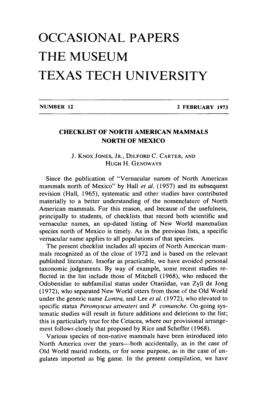 Checklist of North American Mammals North of Mexico