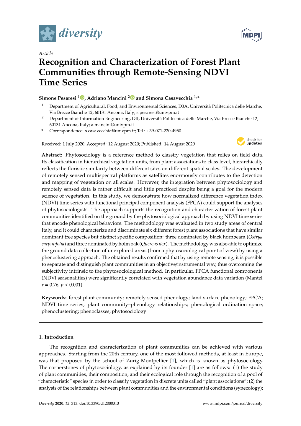 Recognition and Characterization of Forest Plant Communities Through Remote-Sensing NDVI Time Series