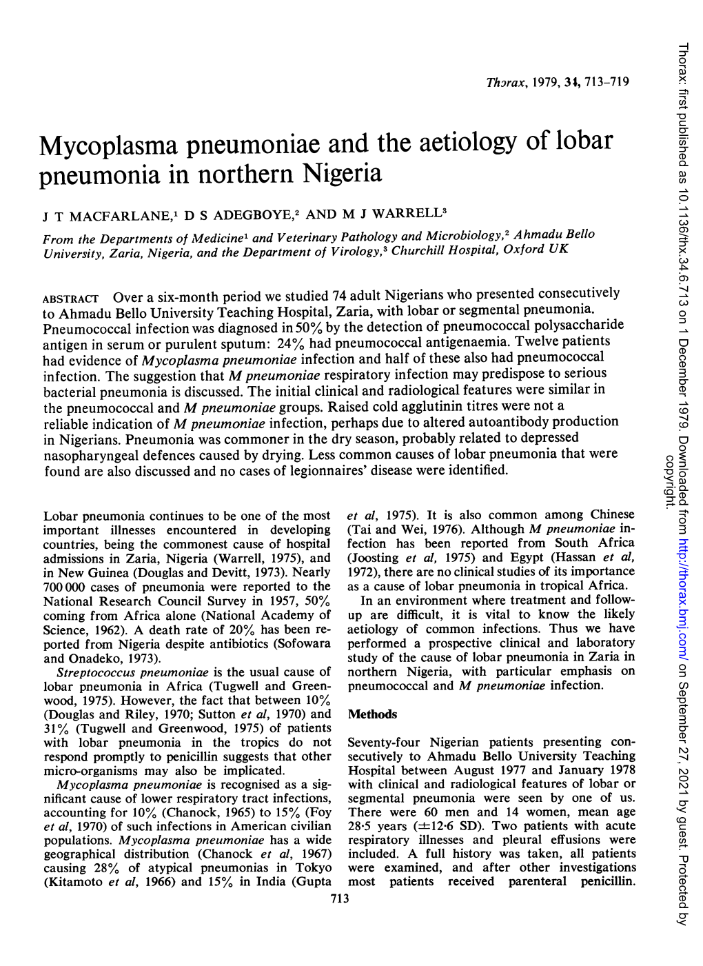 Mycoplasma Pneumoniae and the Aetiology of Lobar Pneumonia in Northern Nigeria