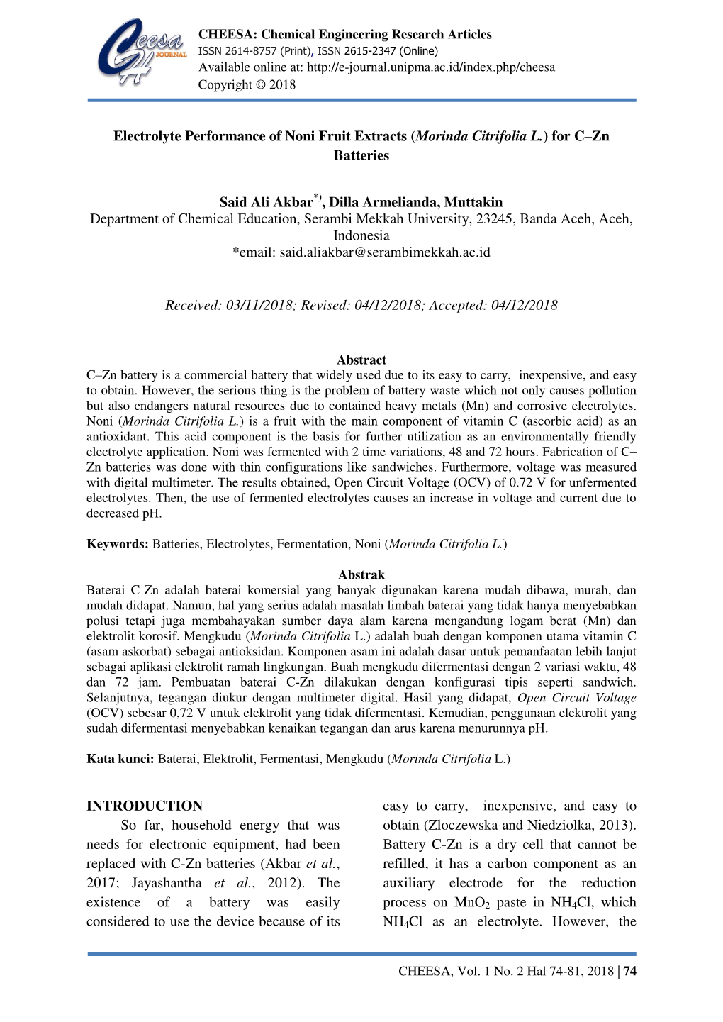 Electrolyte Performance of Noni Fruit Extracts (Morinda Citrifolia L.) for Cœzn Batteries