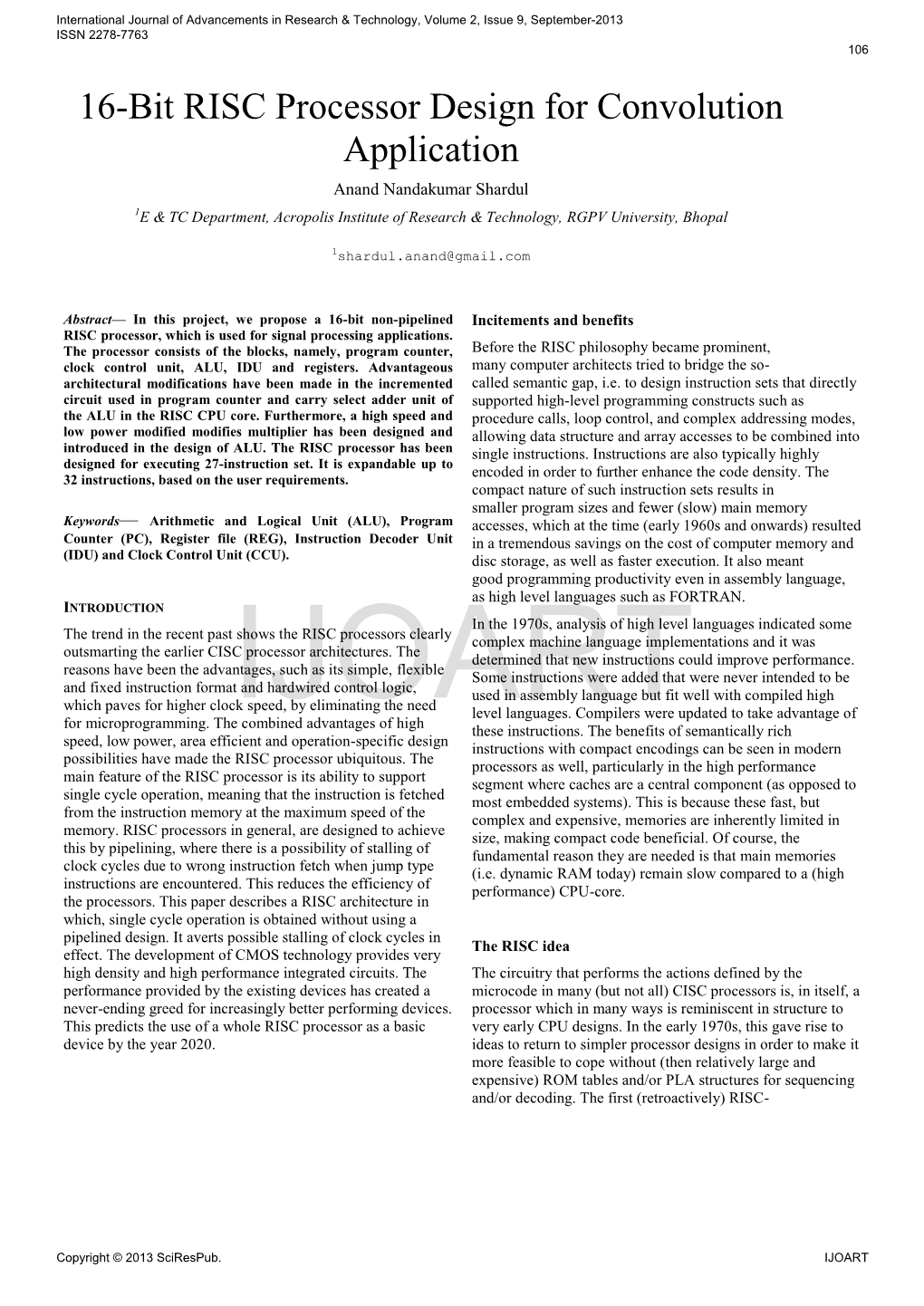 16-Bit RISC Processor Design for Convolution Application