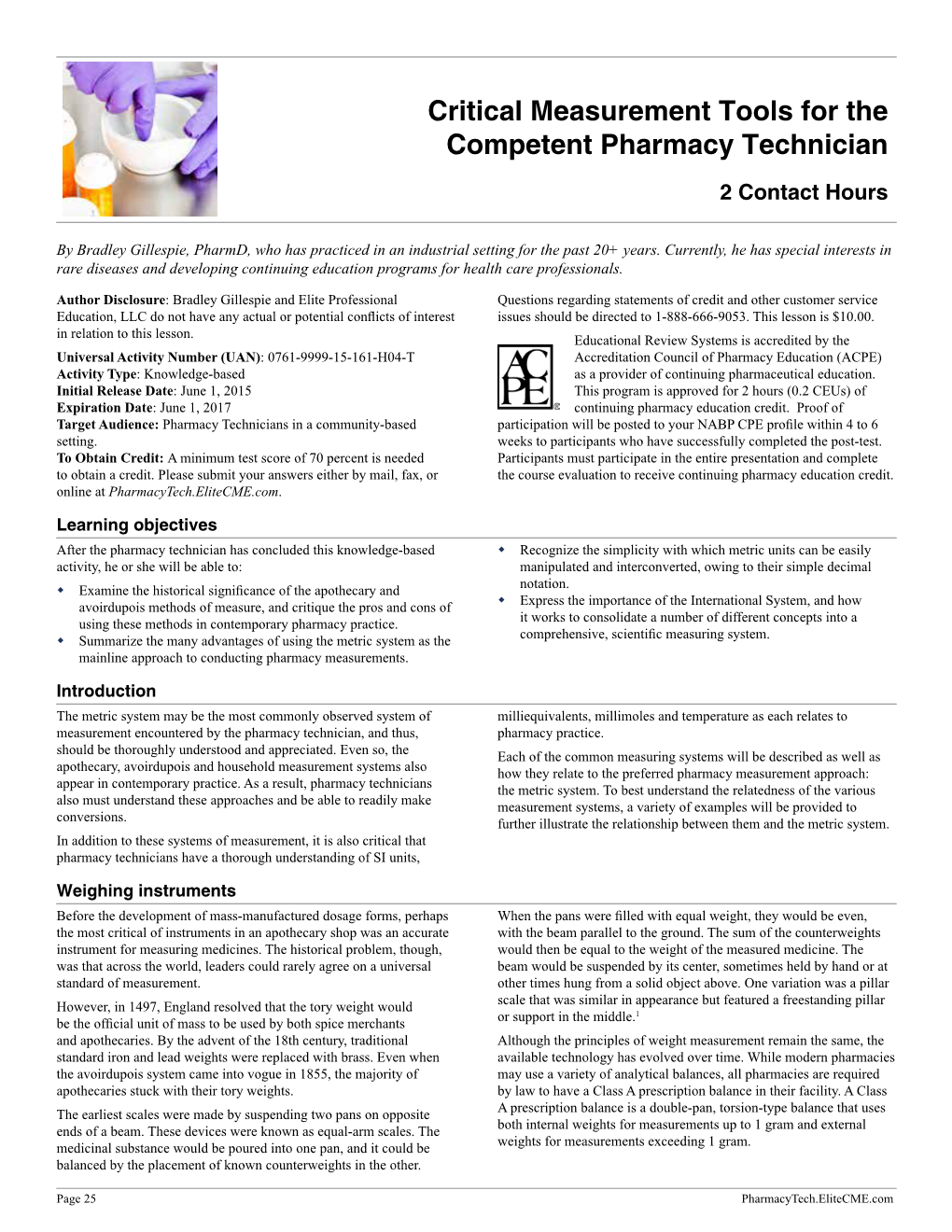 Critical Measurement Tools for the Competent Pharmacy Technician 2 Contact Hours