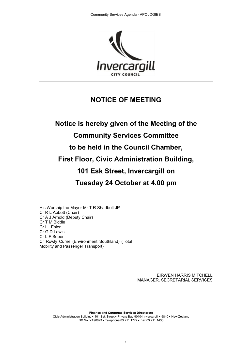 Community Services Agenda - APOLOGIES