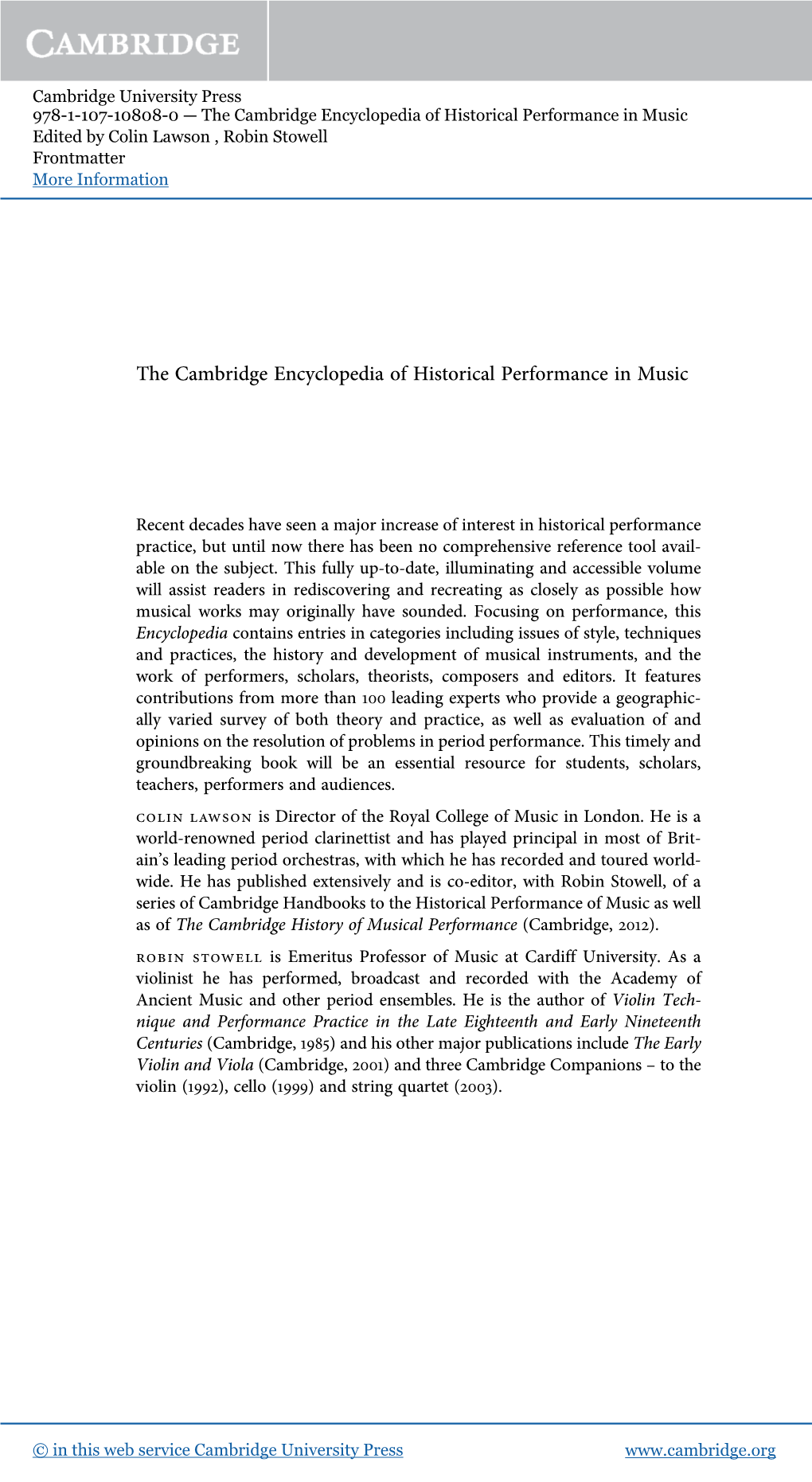 The Cambridge Encyclopedia of Historical Performance in Music Edited by Colin Lawson , Robin Stowell Frontmatter More Information