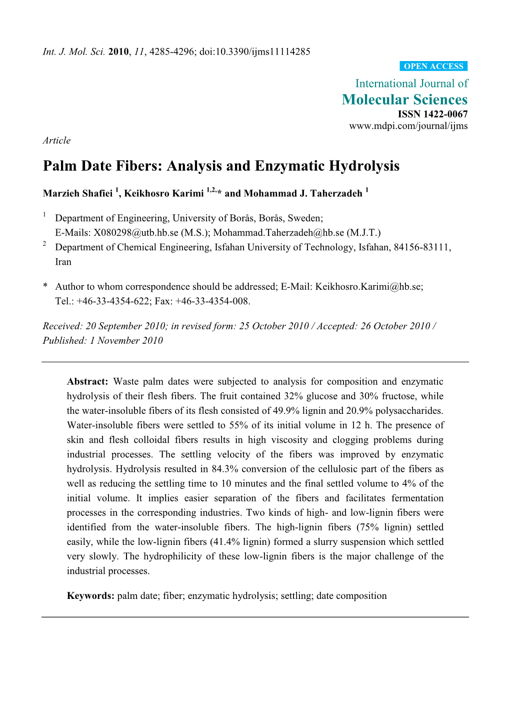 Palm Date Fibers: Analysis and Enzymatic Hydrolysis