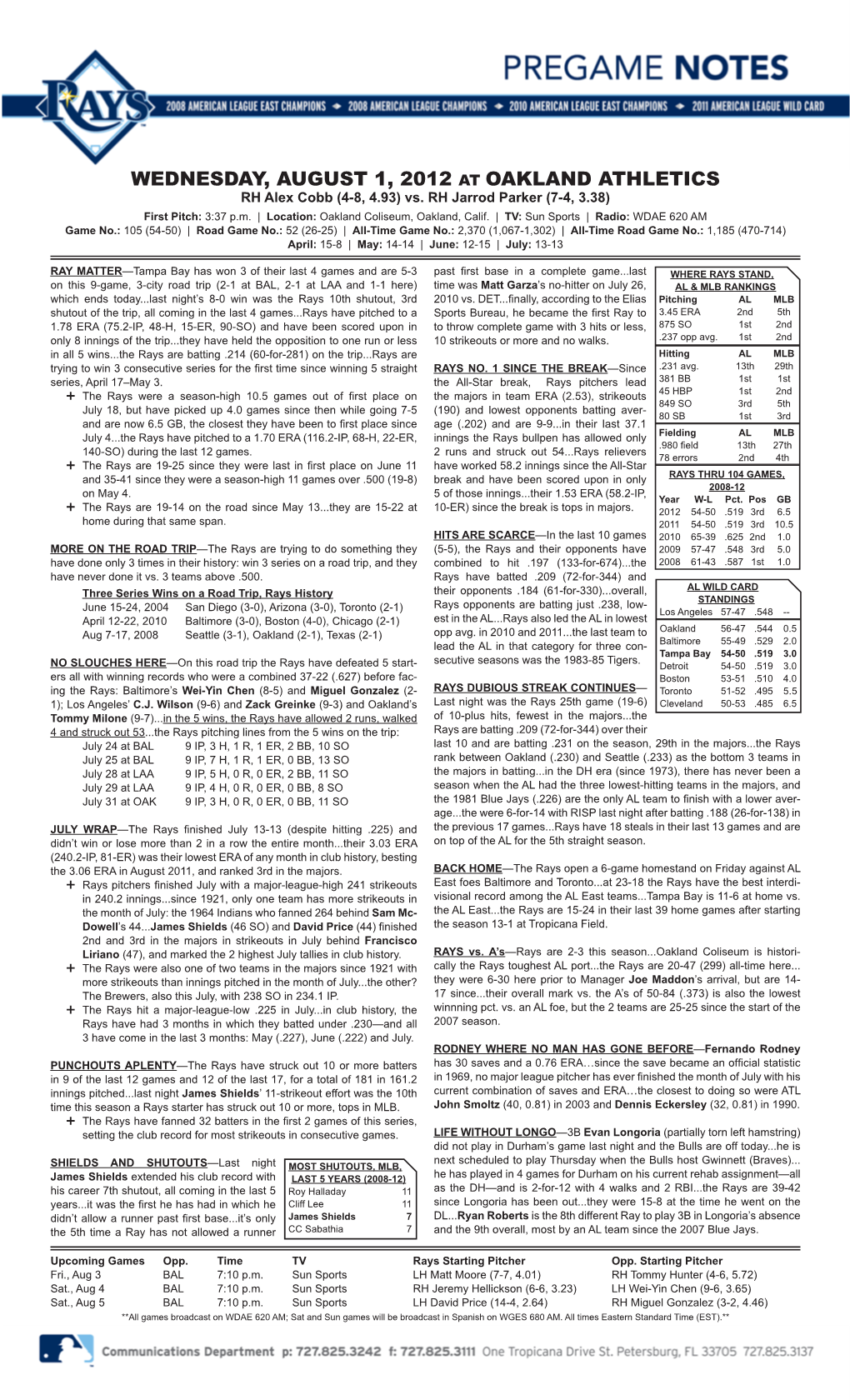 WEDNESDAY, AUGUST 1, 2012 at OAKLAND ATHLETICS RH Alex Cobb (4-8, 4.93) Vs