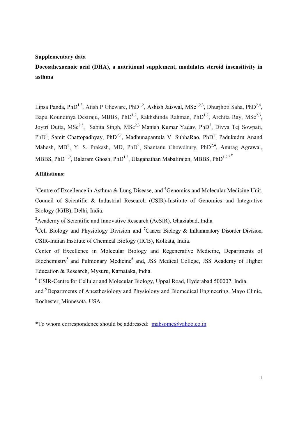 Supplementary Data Docosahexaenoic Acid (DHA), a Nutritional Supplement, Modulates Steroid Insensitivity in Asthma