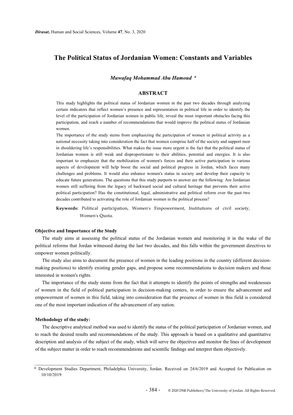 The Political Status of Jordanian Women: Constants and Variables