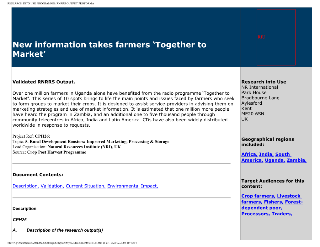 Research Into Use Programme: Rnrrs Output Proforma