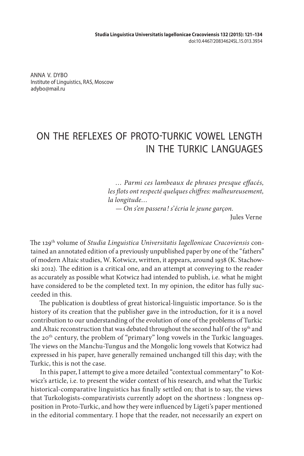 On the Reflexes of Proto-Turkic Vowel Length in the Turkic Languages