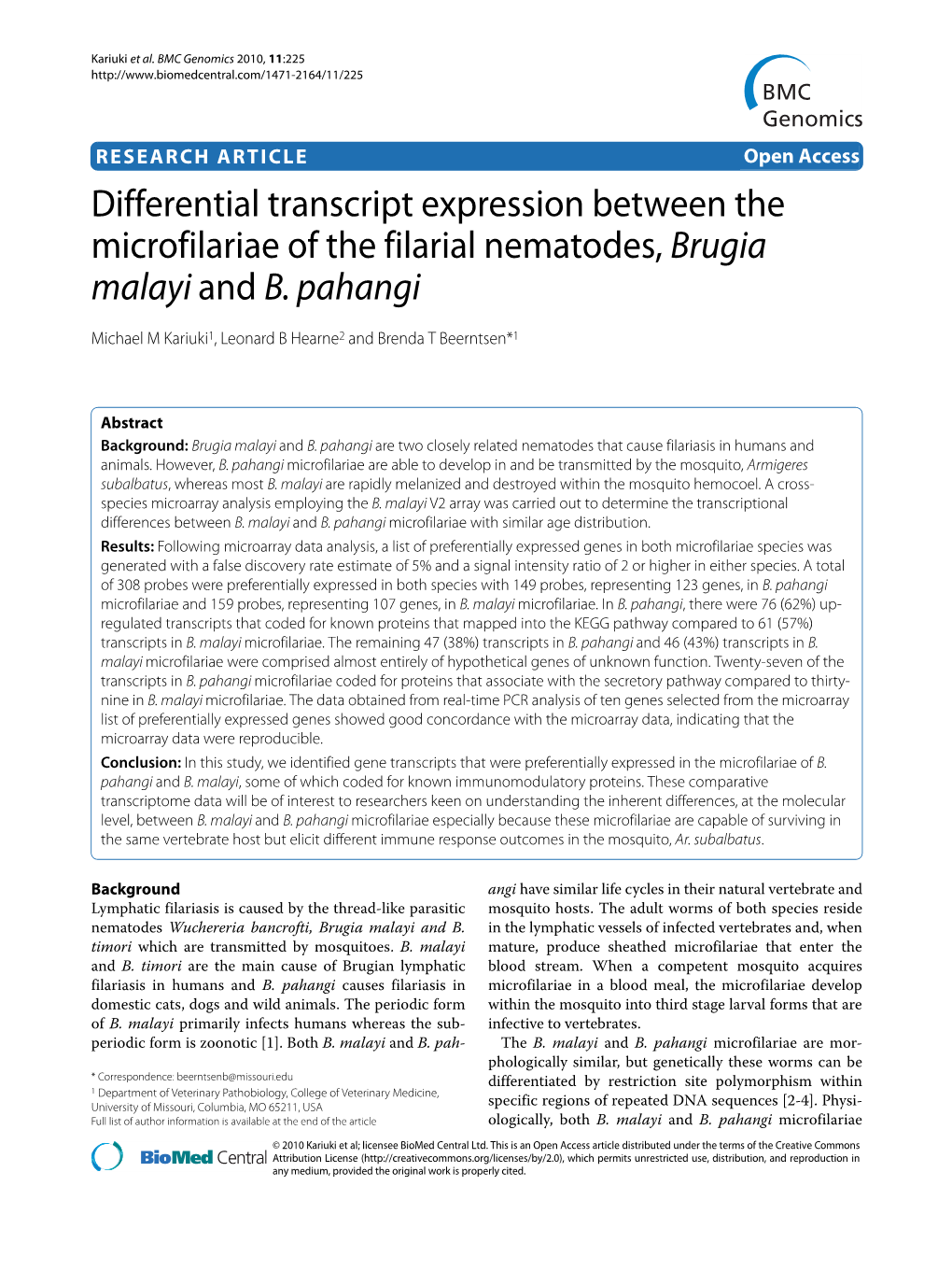 Differential Transcript Expression Between the Microfilariae of the Filarial Nematodes, Brugia Malayi and B