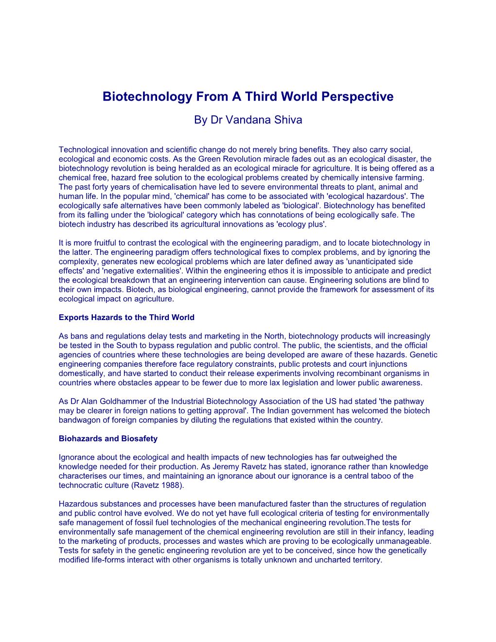 Biotechnology From A Third World Perspective