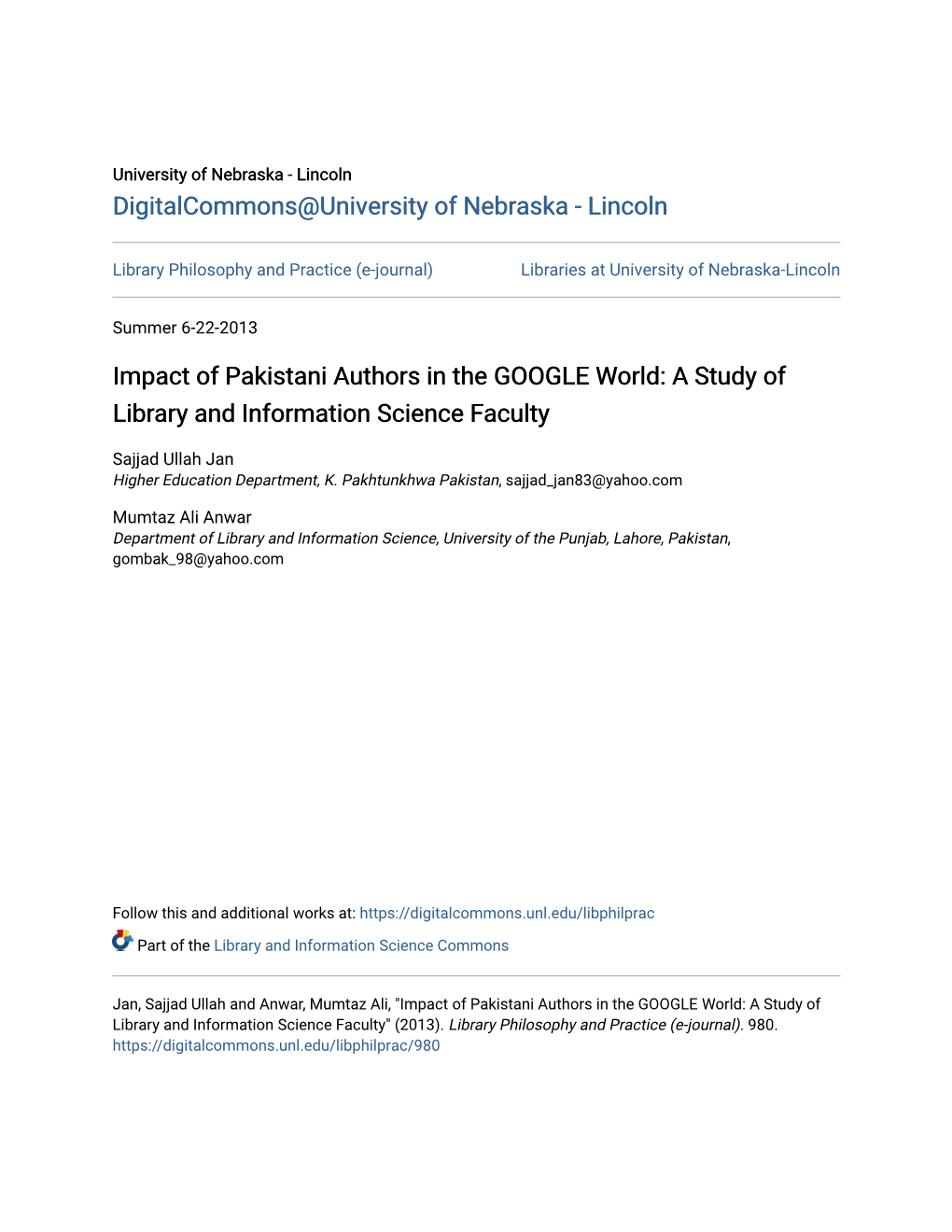 Impact of Pakistani Authors in the GOOGLE World: a Study of Library and Information Science Faculty