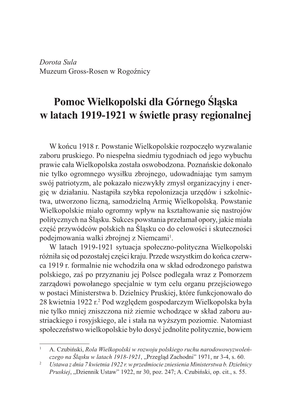 Pomoc Wielkopolski Dla Górnego Śląska W Latach 1919-1921 W Świetle Prasy Regionalnej