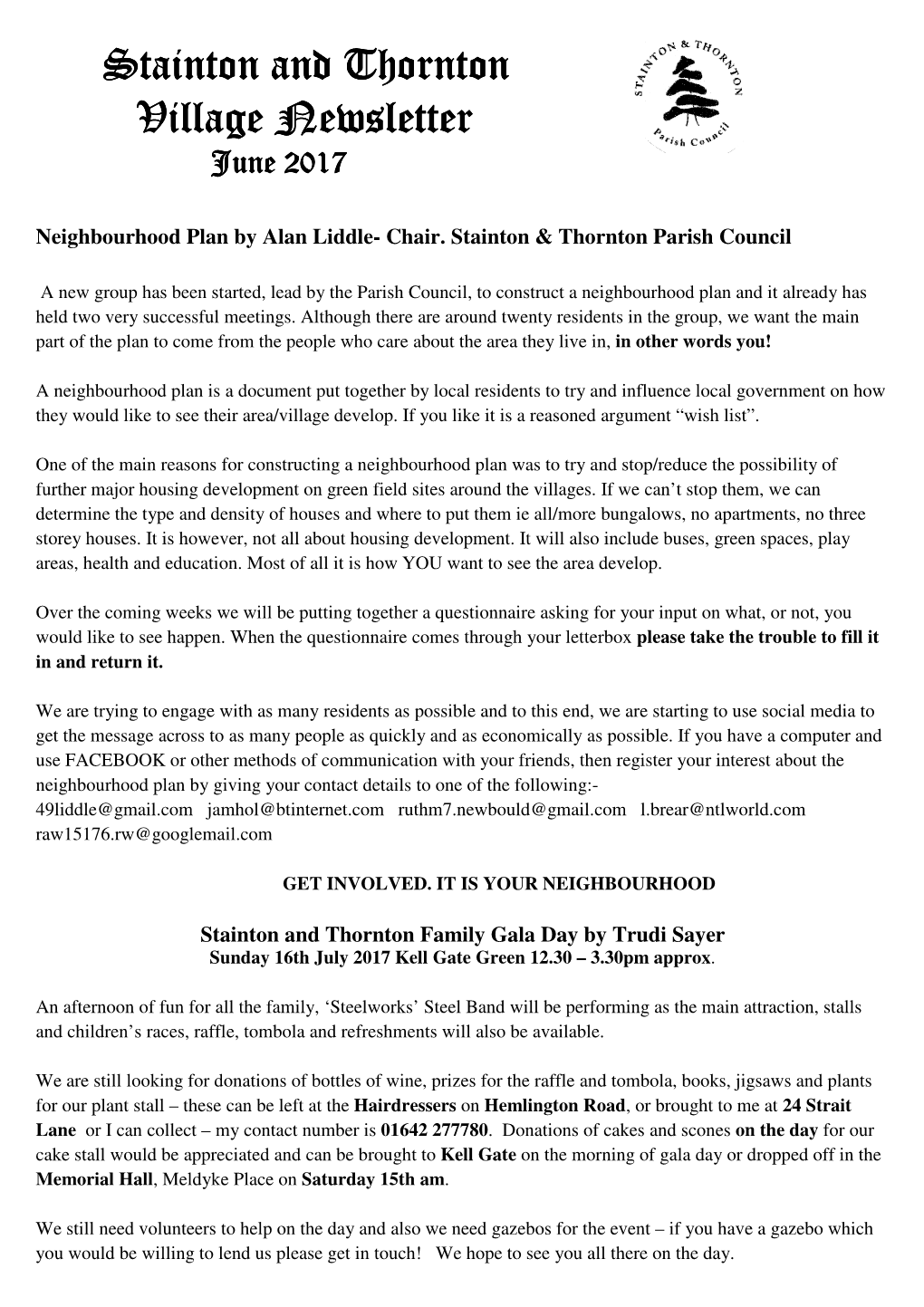 Stainton and Thornton Stainton and Thornton Village Newsletter