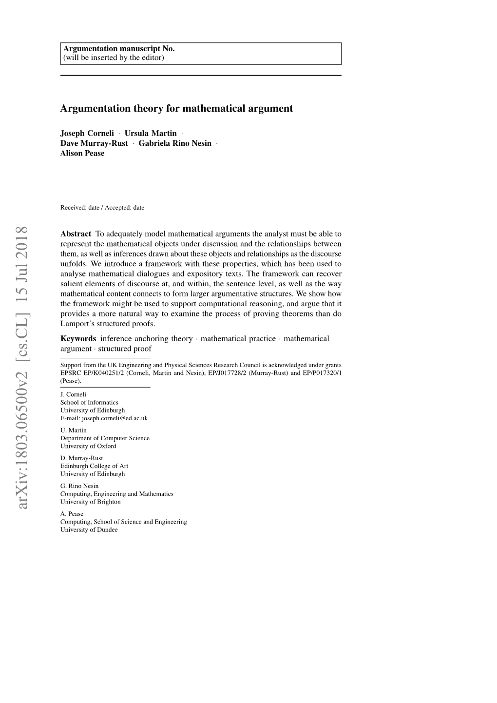 Argumentation Theory for Mathematical Argument