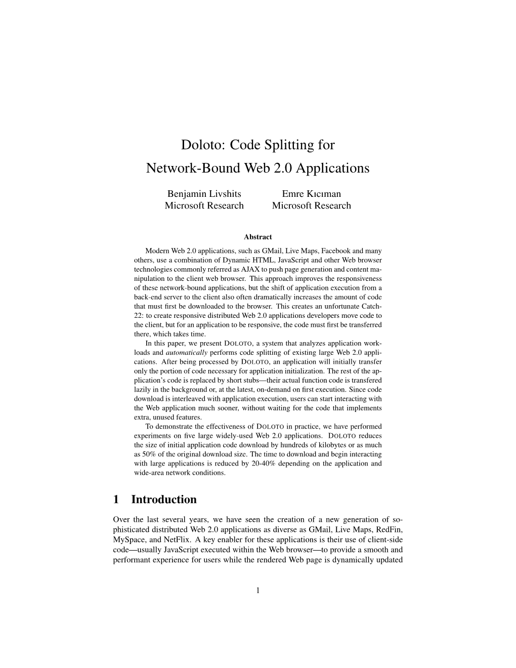 Doloto: Code Splitting for Network-Bound Web 2.0 Applications