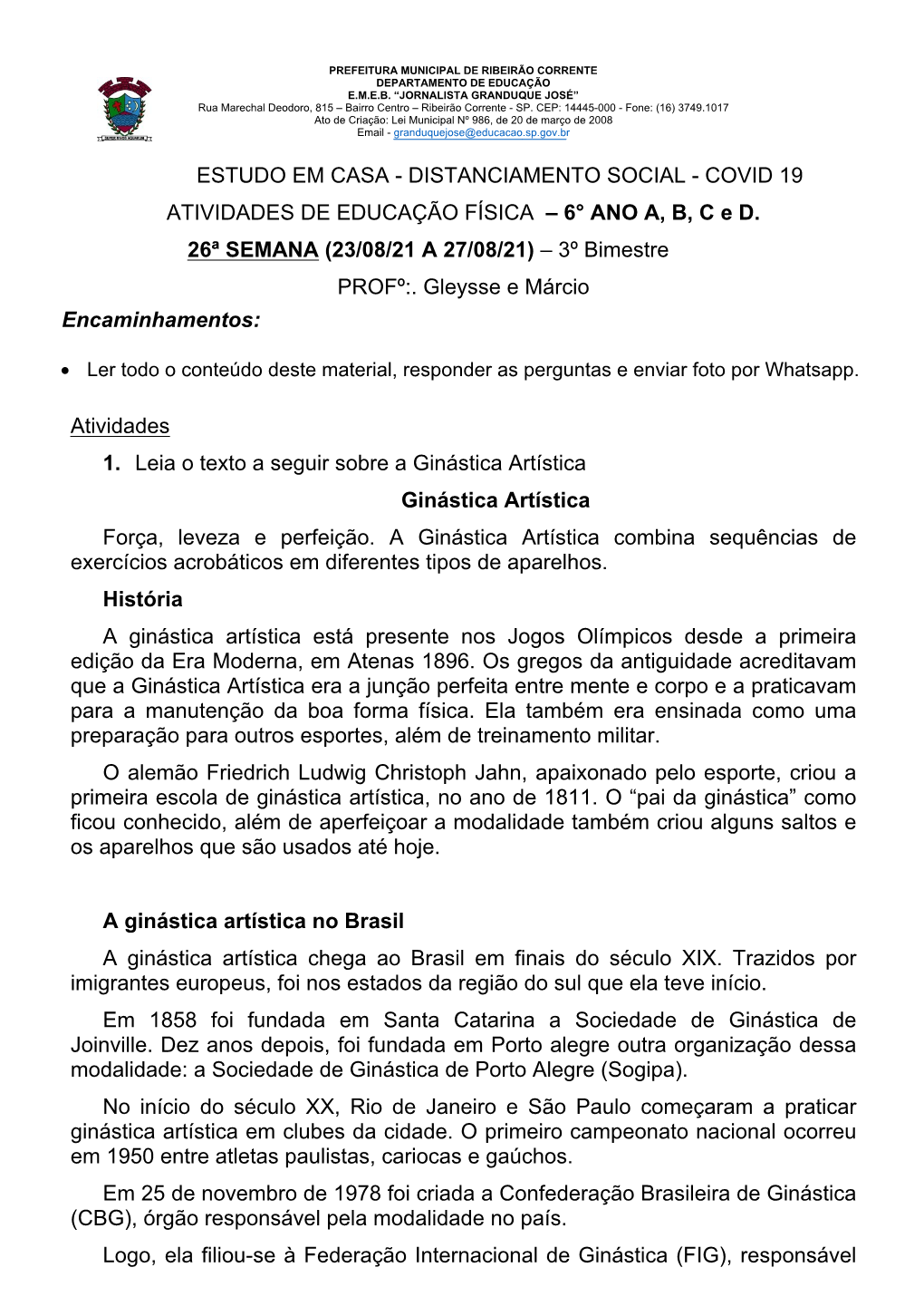 COVID 19 ATIVIDADES DE EDUCAÇÃO FÍSICA – 6° ANO A, B, C E D