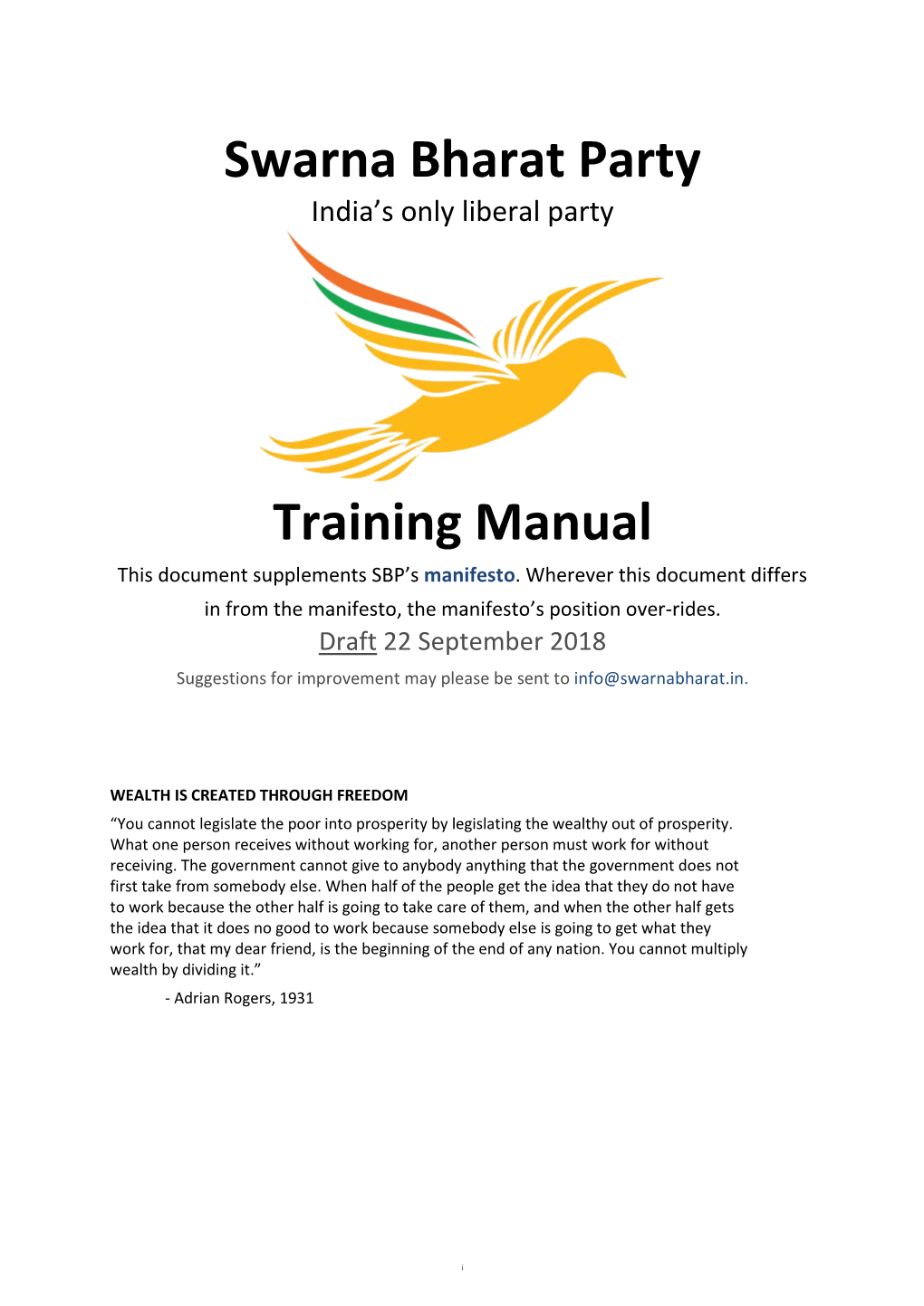 Training Manual This Document Supplements SBP’S Manifesto