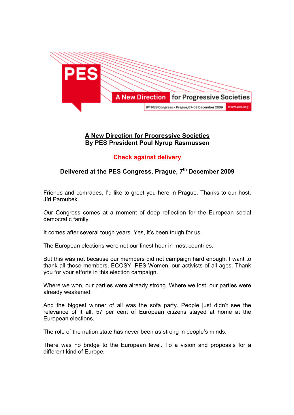 A New Direction for Progressive Societies by PES President Poul Nyrup Rasmussen