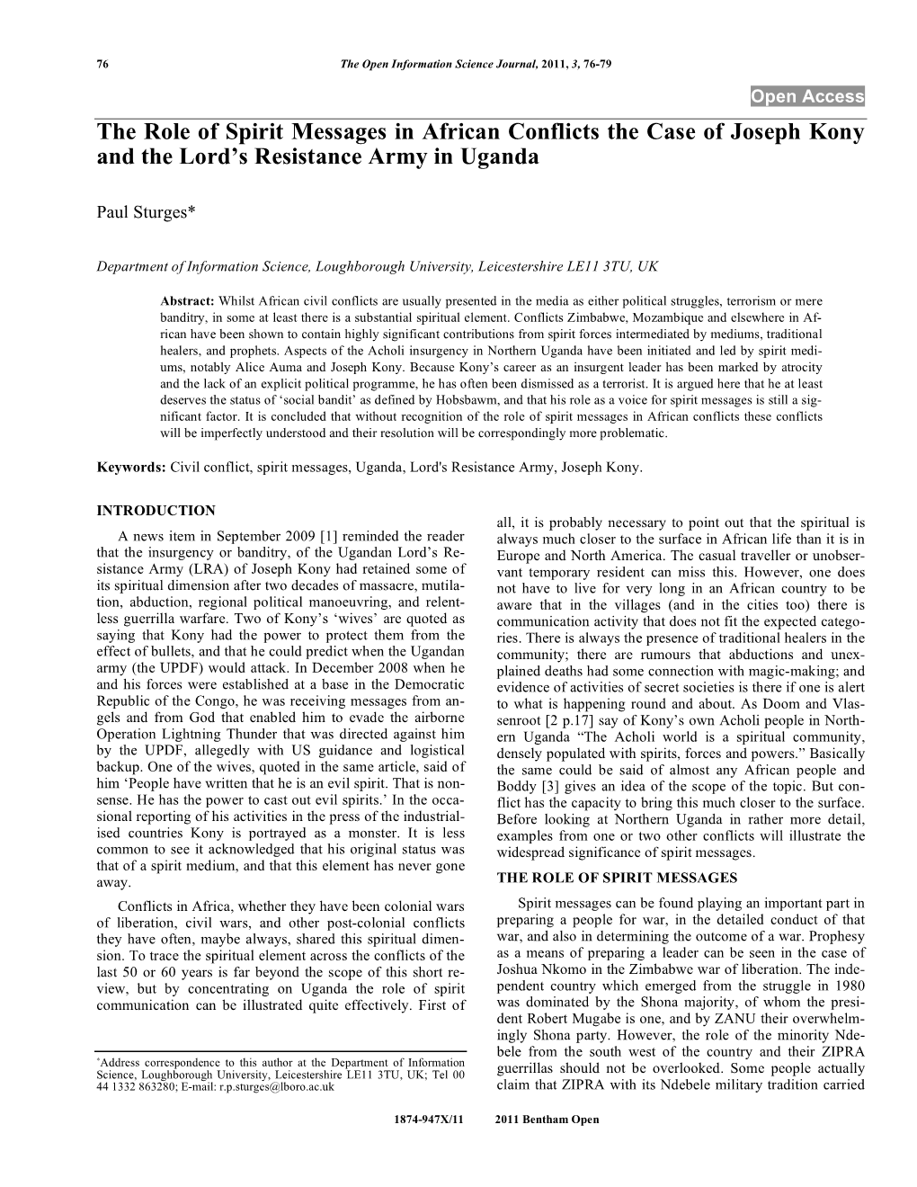 The Role of Spirit Messages in African Conflicts the Case of Joseph Kony and the Lord’S Resistance Army in Uganda