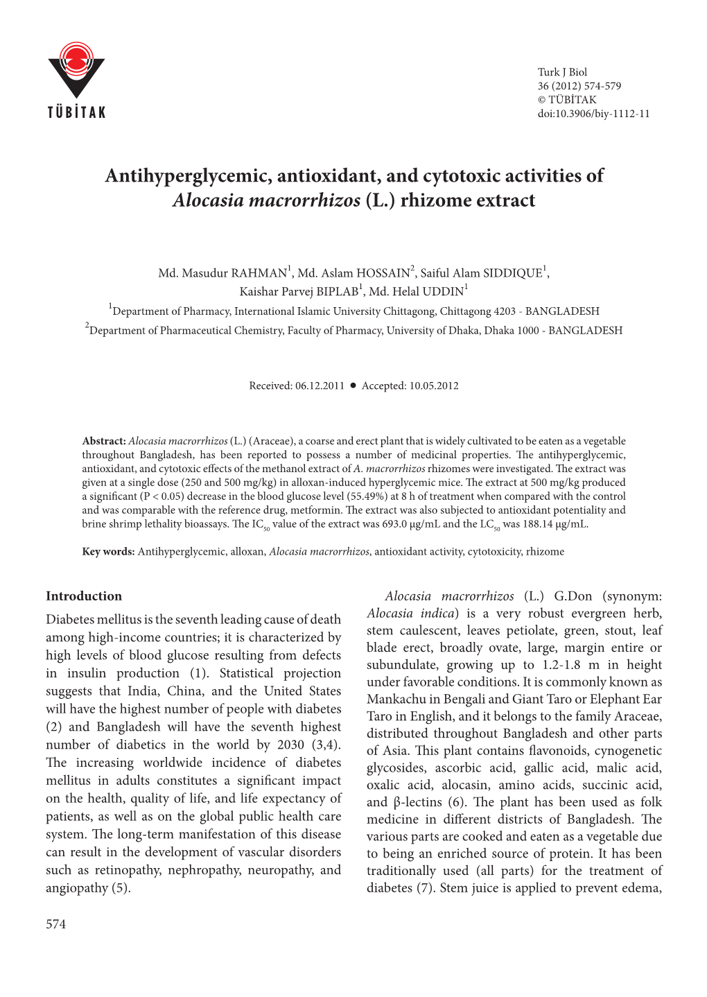 Antihyperglycemic, Antioxidant, and Cytotoxic Activities of Alocasia Macrorrhizos (L.) Rhizome Extract