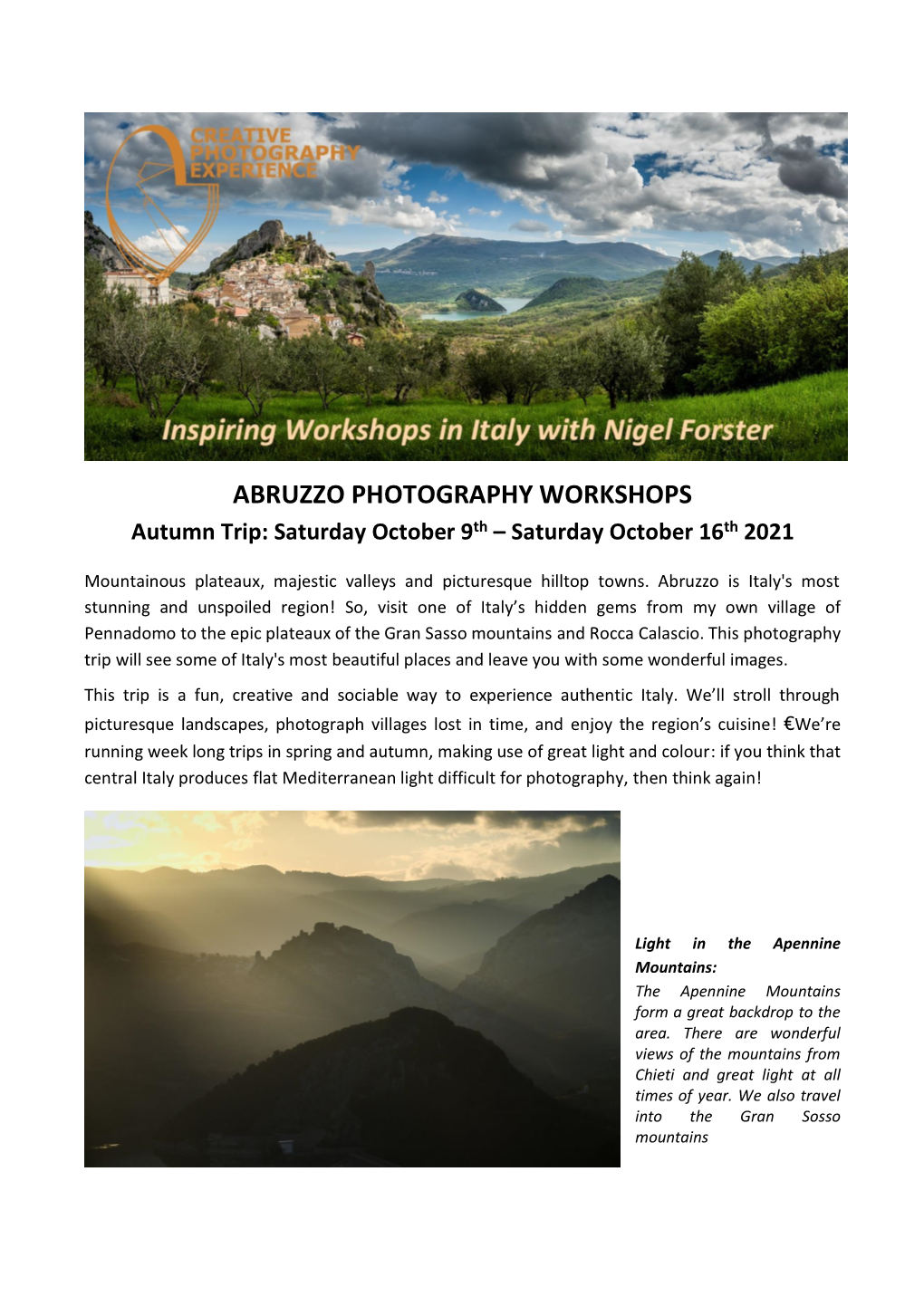 ABRUZZO PHOTOGRAPHY WORKSHOPS Autumn Trip: Saturday October 9Th – Saturday October 16Th 2021