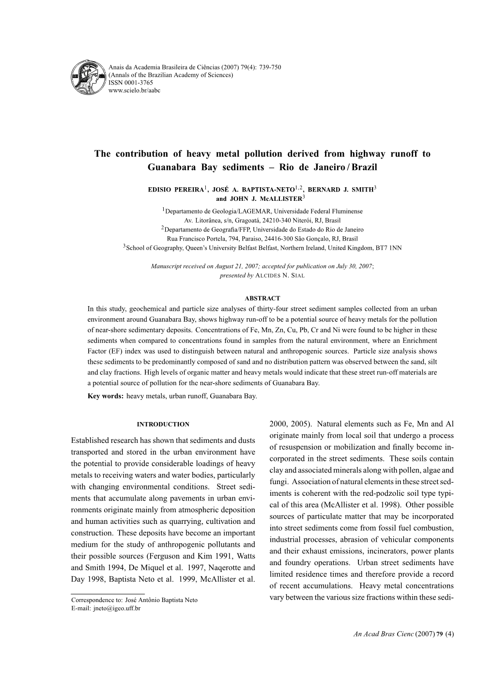 The Contribution of Heavy Metal Pollution Derived from Highway Runoff to Guanabara Bay Sediments – Rio De Janeiro / Brazil