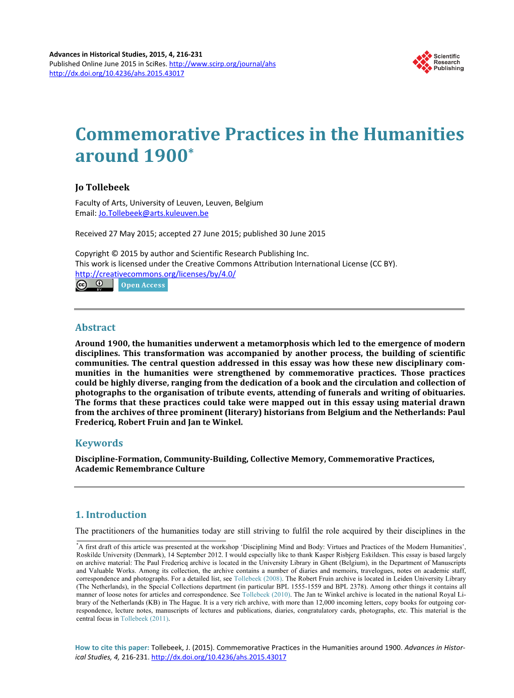 Commemorative Practices in the Humanities Around 1900*