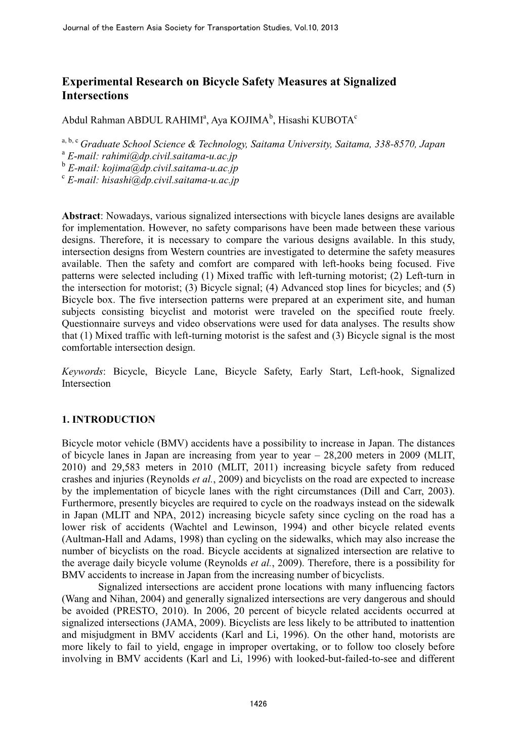 Experimental Research on Bicycle Safety Measures at Signalized Intersections