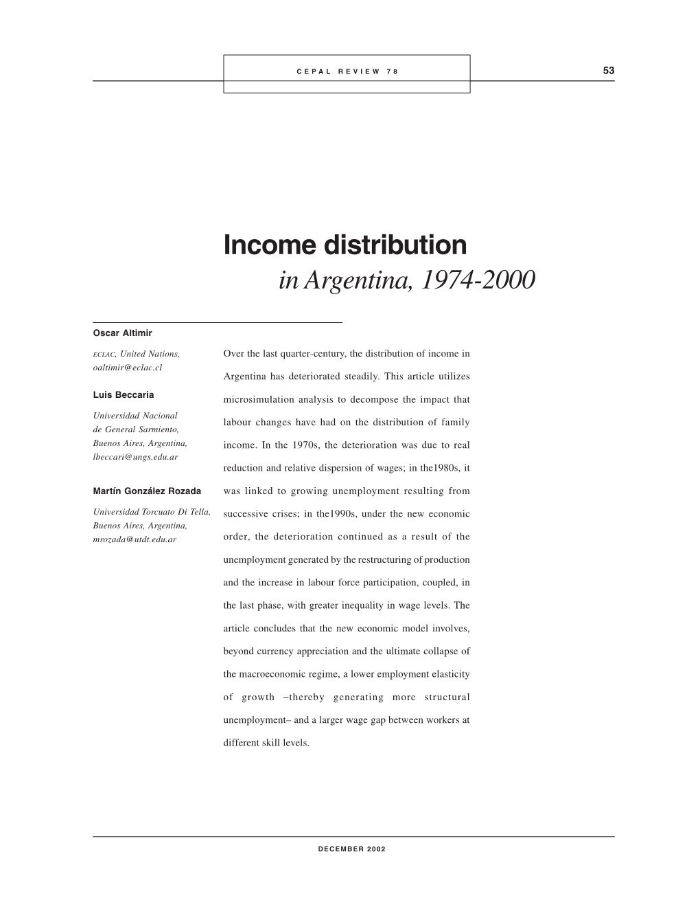 Income Distribution in Argentina, 1974-2000