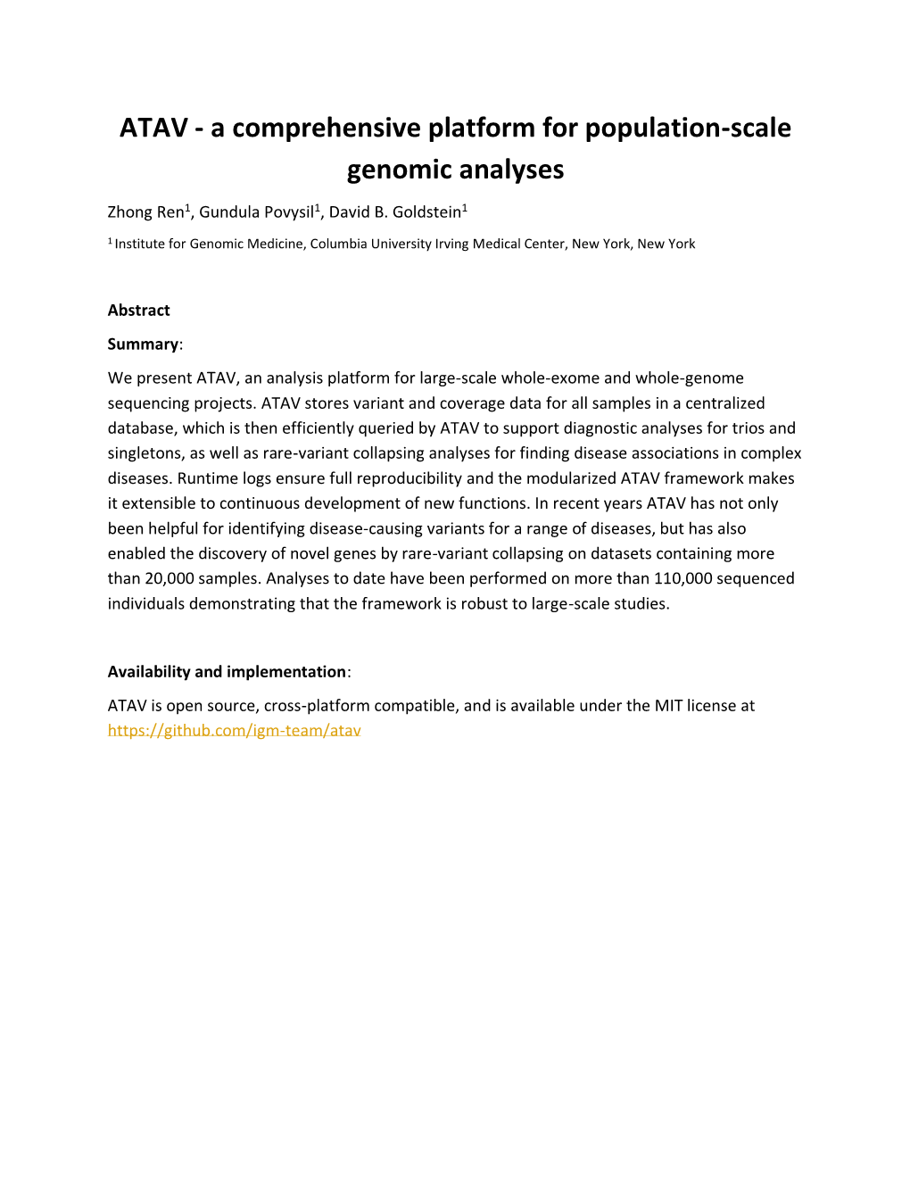 ATAV - a Comprehensive Platform for Population-Scale Genomic Analyses