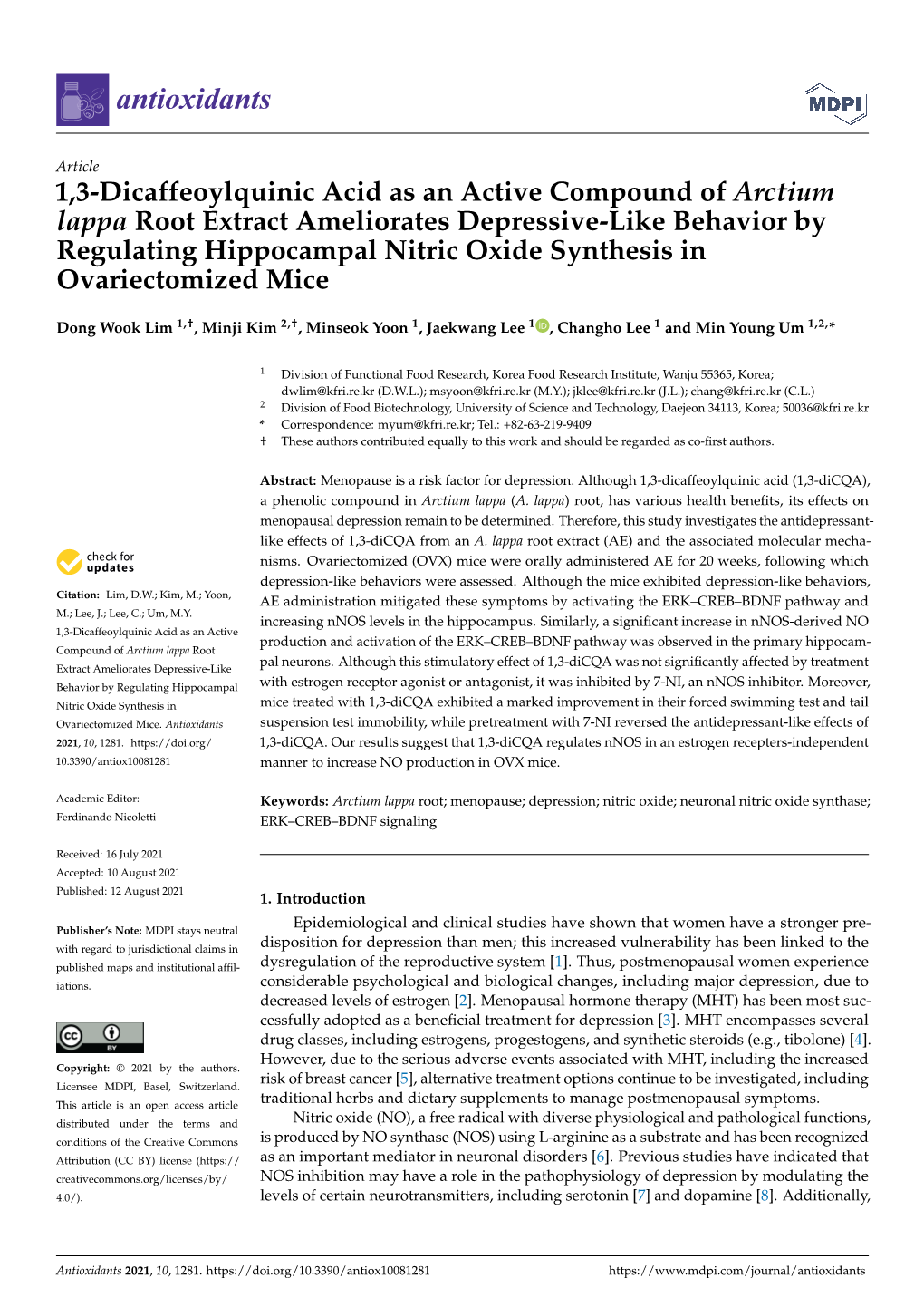 1,3-Dicaffeoylquinic Acid As an Active Compound of Arctium Lappa Root Extract Ameliorates Depressive-Like Behavior by Regulating