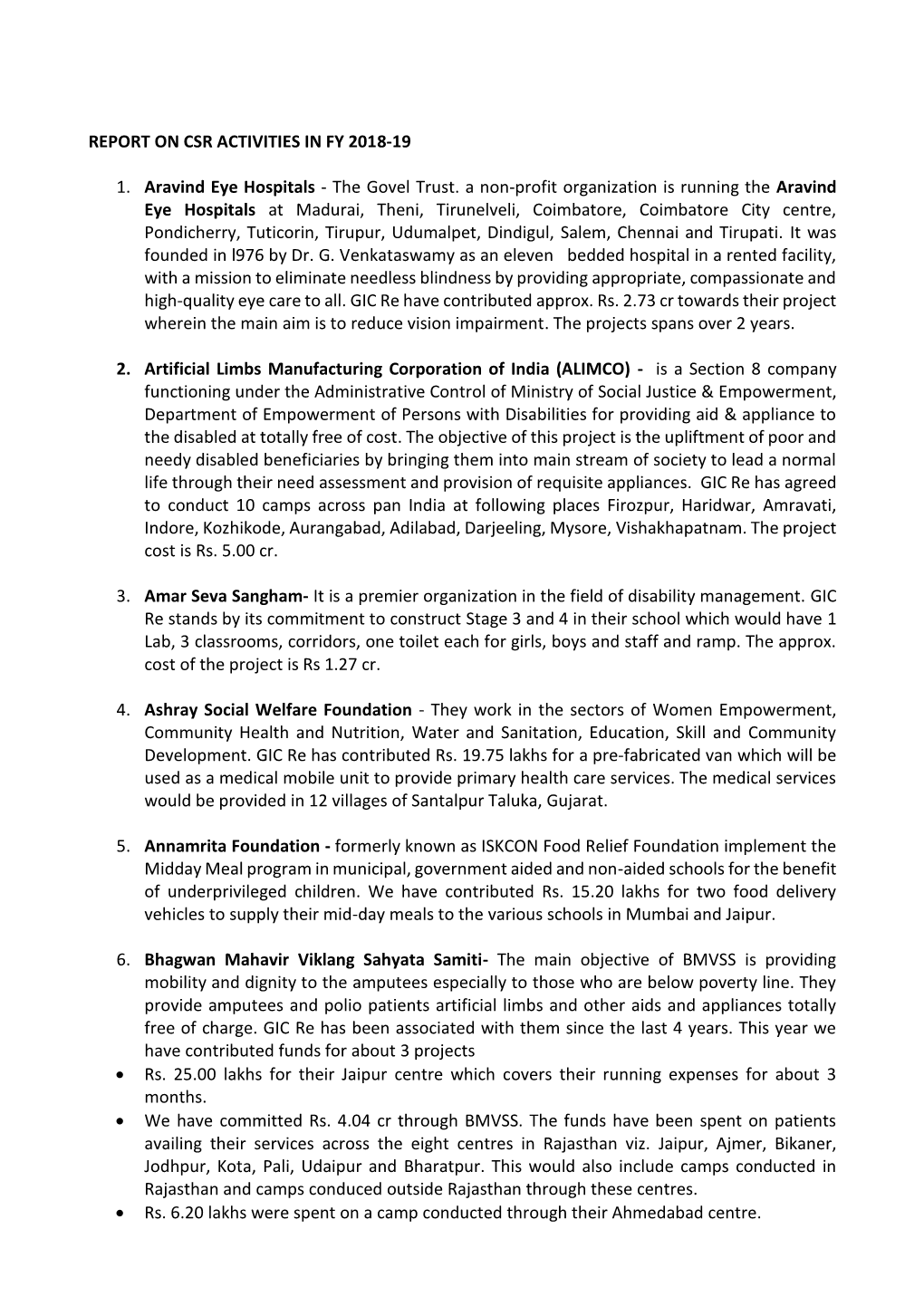 REPORT on CSR ACTIVITIES in FY 2018-19 1. Aravind Eye Hospitals