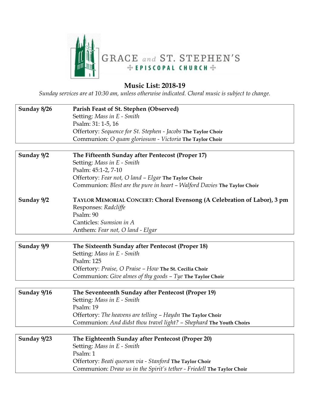 Music List: 2018-19 Sunday Services Are at 10:30 Am, Unless Otherwise Indicated