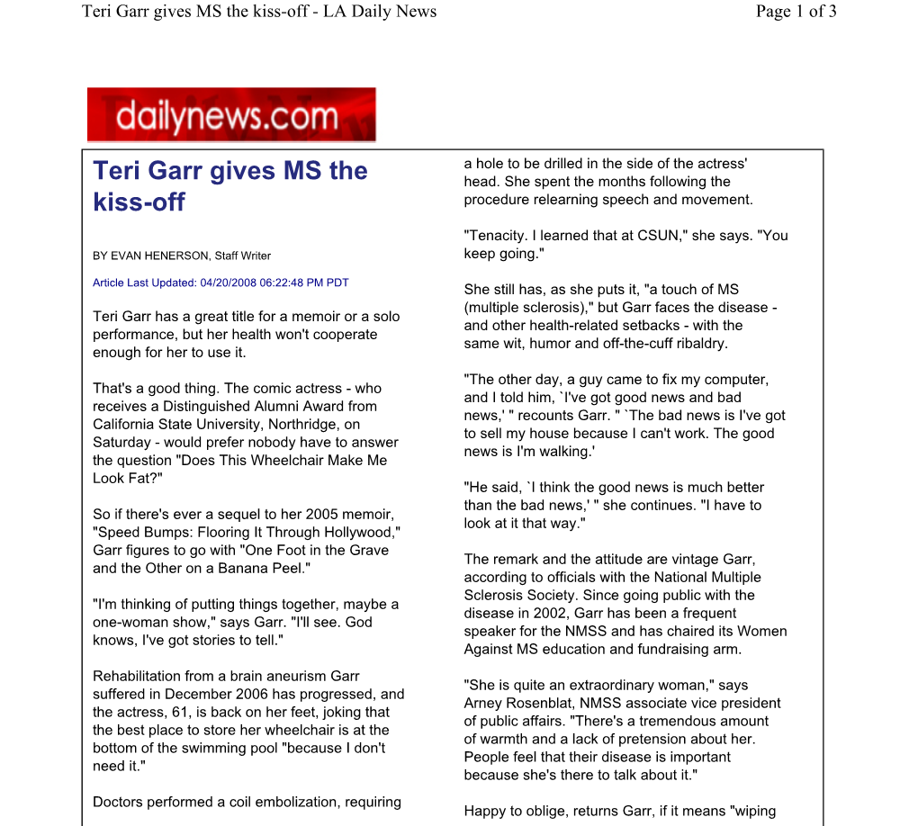 Teri Garr Gives MS the Kiss-Off - LA Daily News Page 1 of 3