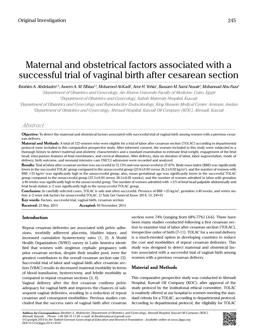 Maternal and Obstetrical Factors Associated with a Successful Trial of Vaginal Birth After Cesarean Section