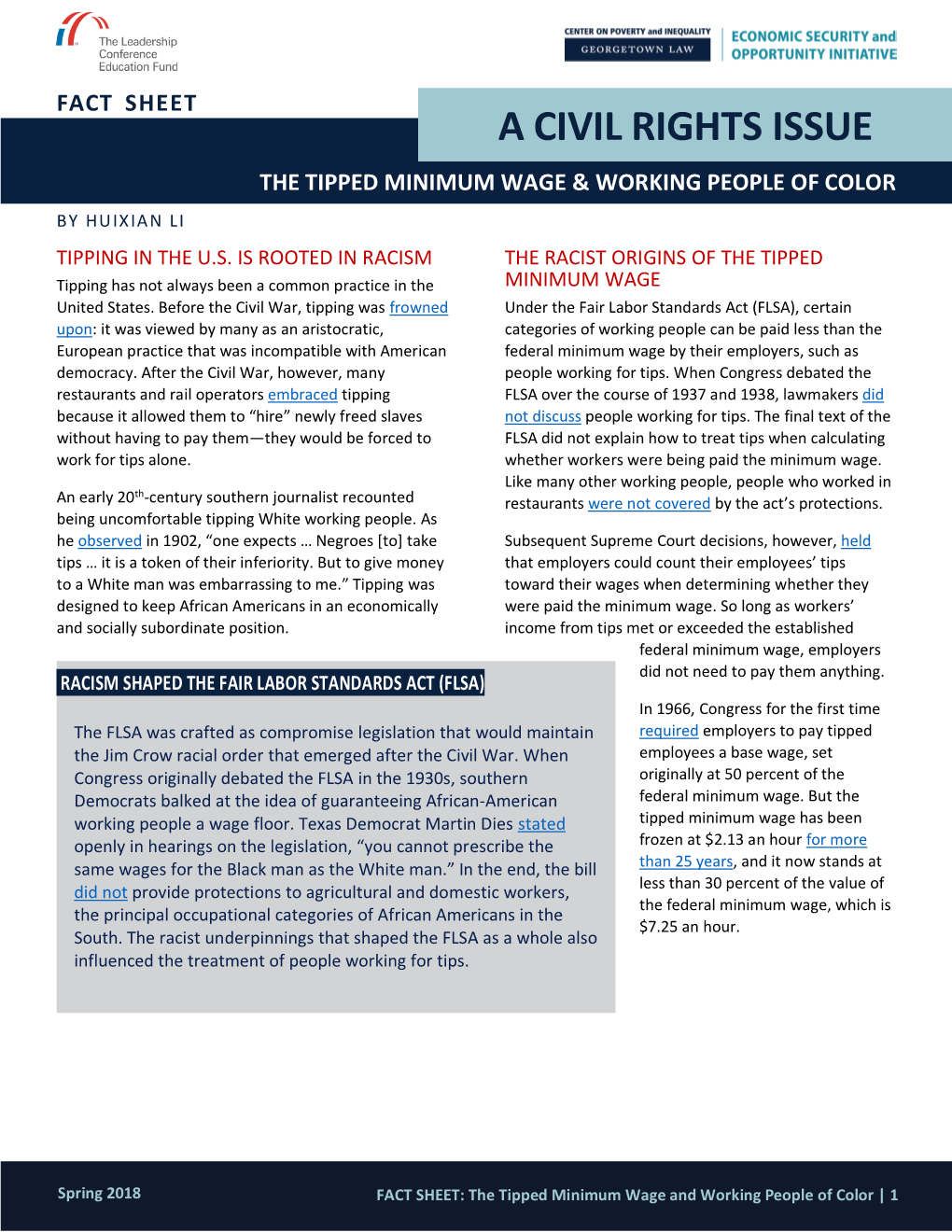 Fact Sheet: the Tipped Minimum Wage & Working People of Color