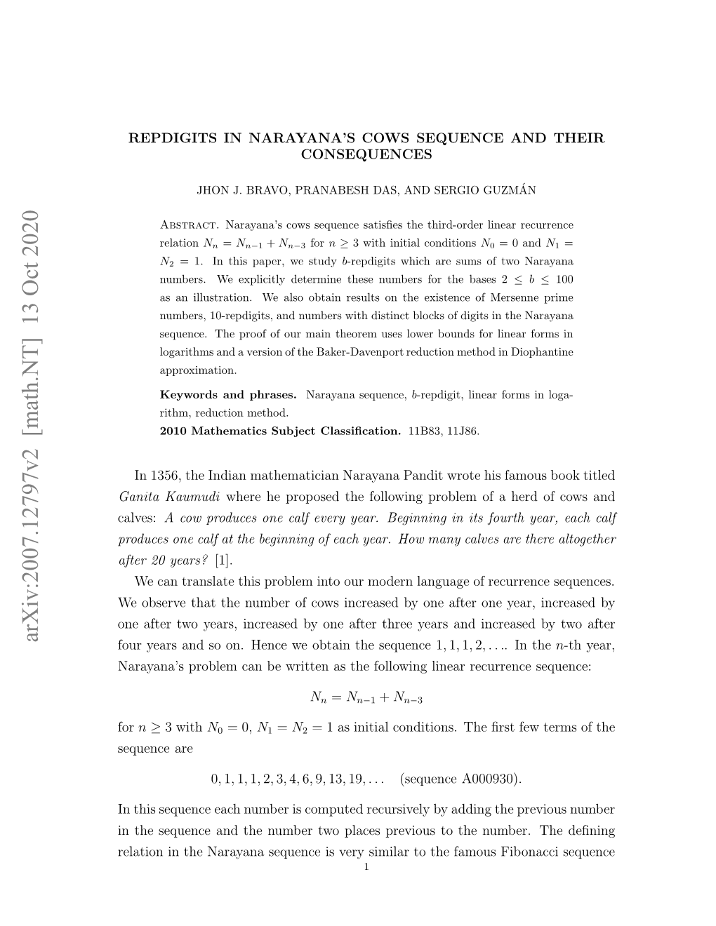 Arxiv:2007.12797V2 [Math.NT] 13 Oct 2020 Rdcsoecl Ttebgnigo Ahya.Hwmn Calv Many How Years? Year